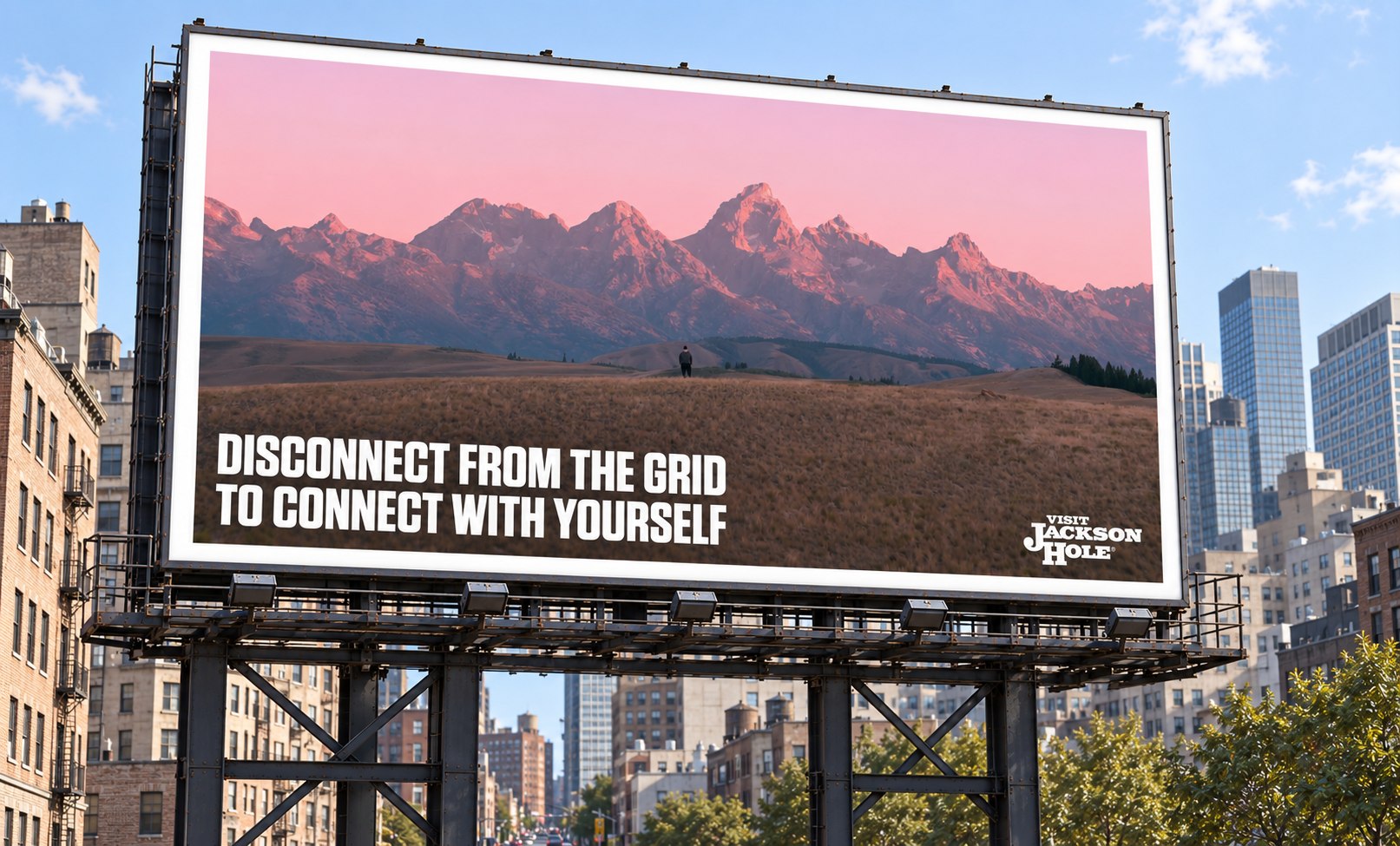 Billboard: 'Disconnect from the grid to connect with yourself,' over a sunset shot of the Tetons with a lone figure in a field